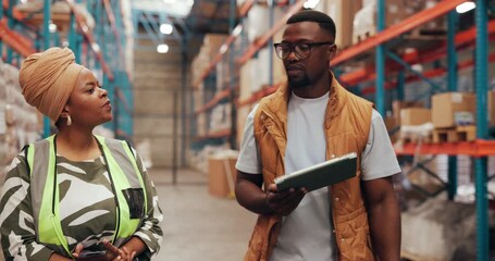 Black people, team and talk in warehouse for supply chain planning, export or logistics with tablet. Stock management, discussion and distribution with workers for cargo inspection, shipping and walk - Powered by Adobe