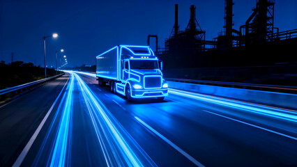 Futuristic semitruck with neon blue lights speeds down a highway at night with industrial buildings in the background showcasing transportation technology and logistics innovation for business