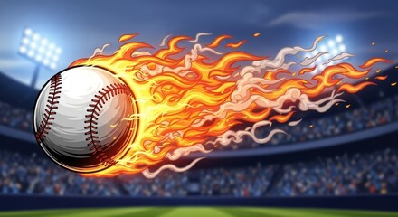 Dynamic baseball illustration soaring through the stadium in a burst of flames and smoke