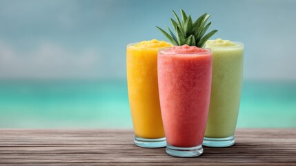 Obraz premium Refreshing Tropical Smoothies Displayed on a Wooden Table with a Beautiful Sunny Beach Background in Soft Focus and Vibrant Colors