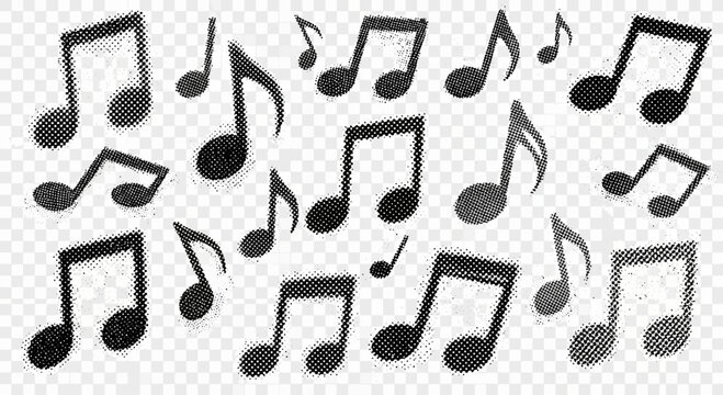 Black and white halftone music notes vector background design illustration