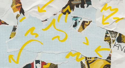 Fototapeta premium Dynamic mixed media collage featuring vibrant yellow arrows on torn paper background