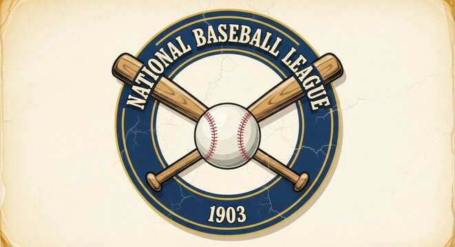 Vintage National Baseball League emblem with crossed bats and ball evokes sports heritage
