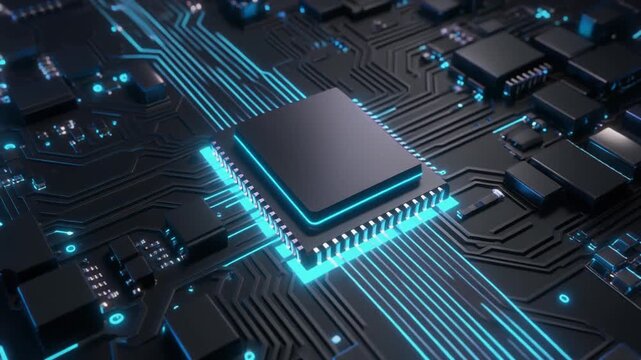 Close-Up Shot of a Complex Electronic Circuit Board with Blue Neon Lines and a Dark Central Processing Unit