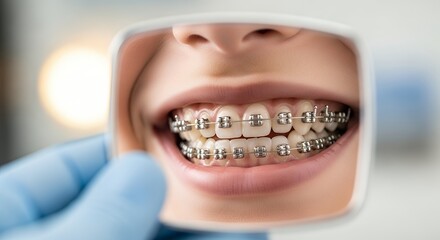 Close Up of Smiling Person with Metal Braces in Mirror Showing Dental Treatment