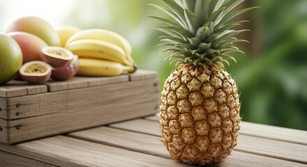 Fresh Whole Pineapple with Ripe Fruit and Bananas on Wooden Table in Bright Natural Light