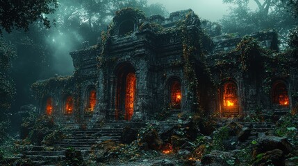 Fototapeta premium Overgrown ancient stone temple ruins glowing with inner light in a misty jungle.
