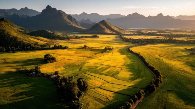 Majestic Aerial View of Green Rice Fields Surrounded by Rolling Hills and Mountains Under a Clear Blue Sky at Golden Hour