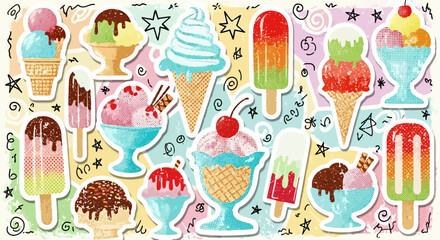 Colorful Summer Ice Cream and Popsicle Sticker Pattern on Abstract Background