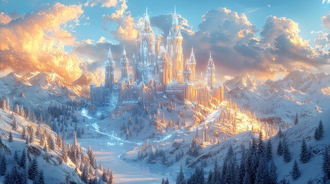 Majestic ice castle on snowy mountain at sunset.
