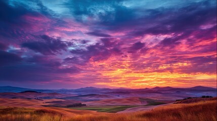 Fototapeta premium Breathtaking Sunset Over Rolling Hills and Vibrant Clouds in a Serene Landscape Filled with Dramatic Colors and Tranquil Atmosphere at Dusk