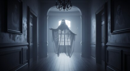 Haunted Ghost Figure Floating in Dark Dimly Lit Hallway with Portraits