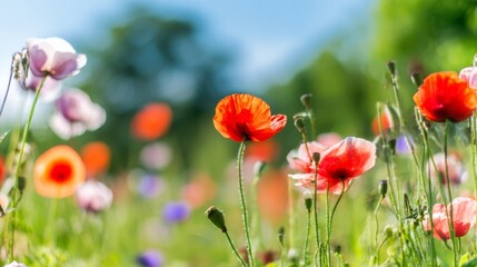 Fototapeta premium A serene view of flowers and poppy blooms in spring across a green meadow, glowing with warm sunlight and summer brightness, enhanced by gentle bokeh nature’s soft grass textures in a calm open field