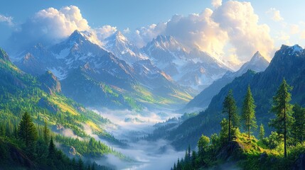 Majestic sunrise over snow-capped mountains and misty valley.