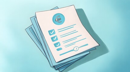 Stack of paperwork featuring a finance document with a currency symbol and checked items