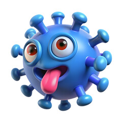3D cartoon virus with wide, round eyes and a pink tongue poking out.
