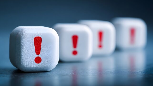 Row of white blocks marked with bright red exclamation points displays prominent warning symbol