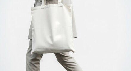 Fashionable person walking with a minimalist blank white eco-friendly tote bag, highlighting sustainable living and practical utility for daily activities on the go