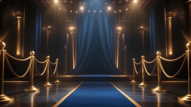Grand Hallway Scene With Blue Carpet And Golden Stanchions Leading To Stage with Dark Blue Curtain and Stage Lighting