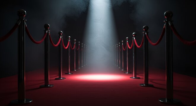 A red carpet event is presented with a spotlight and velvet rope on stanchions.