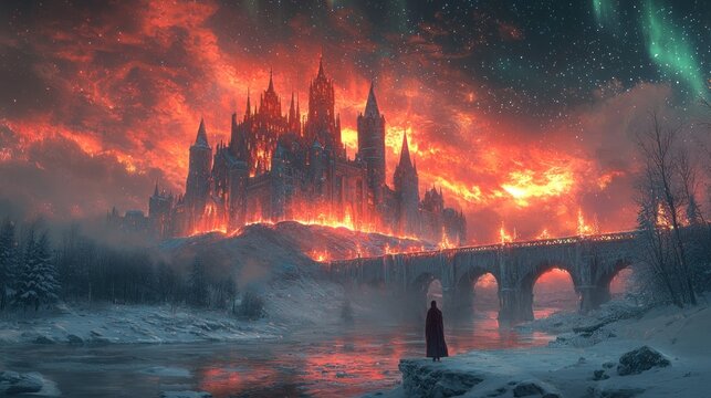 Fiery castle ablaze under a stormy night sky, a lone figure watches from a snowy bridge.