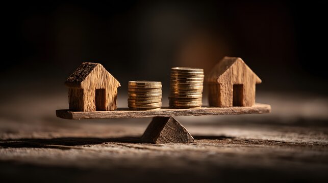 Miniature wooden houses and stacks of metal coins resting upon a small balancing scale.