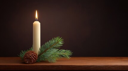 Peaceful Candlelight on a Wooden Table with Greenery and Pine Cone, Creating a Cozy and Inviting Atmosphere for Winter and Holiday Decor