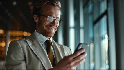 Smiling man using ai language learning app smartphone modern office with natural light, business professional and confident businessman exploring ai - Powered by Adobe