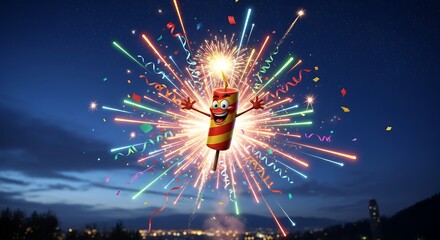 Celebratory Firework with Animated Sparkler Character in Night Sky