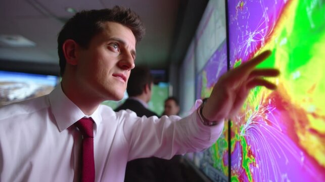 Meteorologist Analyzing Jet Stream Patterns on Digital Map with Natural Light Glow Highlight in Medium Shot on White Background - Powered by Adobe