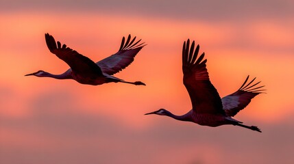Obraz premium Two large wading birds fly across a vibrant sunset sky