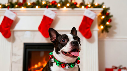 Festive boston terrier wearing a christmas collar sits in front of a fireplace with stockings and holiday decorations creating a warm and joyful seasonal atmosphere for pet lovers