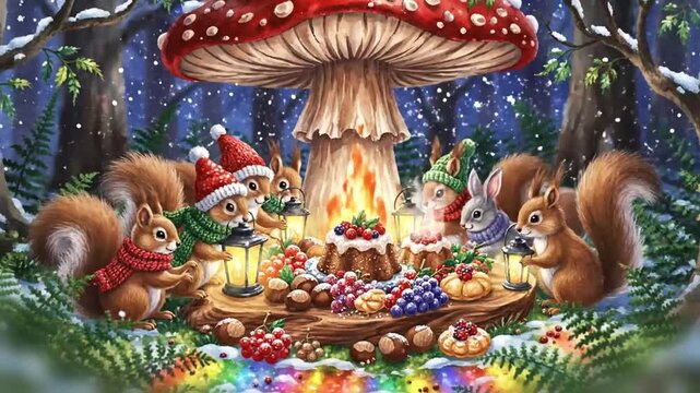 enchanted watercolor fantasy of tiny lantern carrying woodland creatures preparing a glowing feast under a giant mushroom in moonlit forest