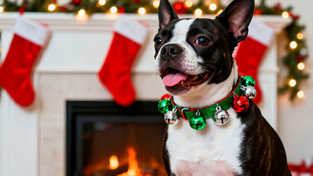 Festive boston terrier wearing a christmas bell collar sits in front of a fireplace with stockings and holiday lights creating a warm and joyful seasonal scene perfect for christmas cards and holiday  - Powered by Adobe