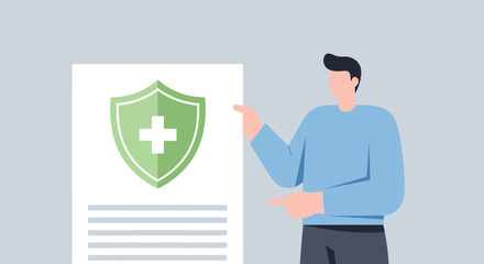 Illustration of a person pointing at a health insurance policy document with a shield icon