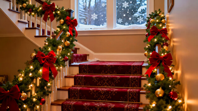 Festive staircase adorned with christmas garland red bows and ornaments creating a warm holiday atmosphere with a snowy window view perfect for seasonal greetings and home decor inspiration