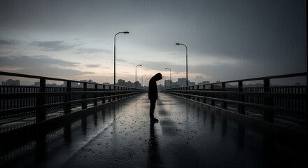 Obraz premium Lonely Person Walking with Umbrella on Rainy Bridge in Dark Stormy Sky
