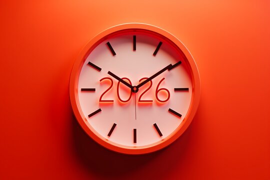 Neon clock displays "2026" on vibrant orange background, minimalist design, modern aesthetic.