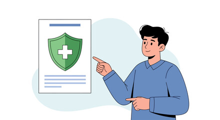 Illustration of a man pointing at a shield with a medical cross, representing health insurance and medical care services
