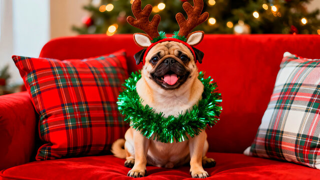 Adorable pug celebrates christmas wearing reindeer antlers and a green tinsel garland sitting on a red couch with plaid pillows in a festive holiday setting with a christmas tree in the background