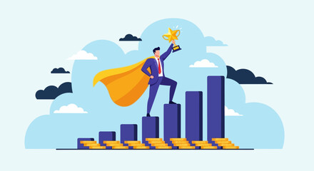 Obraz premium Successful businessman in a superhero cape celebrating victory on a rising graph with a trophy in hand, symbolizing achievement and growth