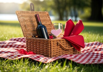 Romantic Picnic Basket with Wine and Heart Cookie in a Sunny Park.