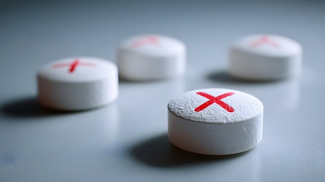Several white circular pharmaceutical tablets marked with a red cross rest on a smooth surface