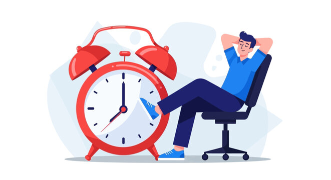 Relaxed man sitting in chair with hands behind head next to a large alarm clock symbolizing free time and rest