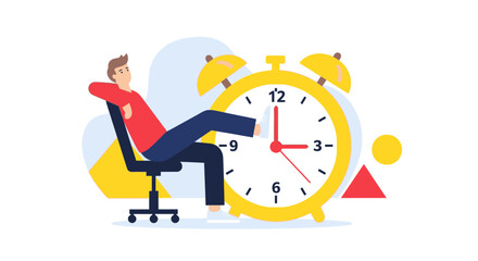 Relaxed person sitting in an office chair near a large alarm clock, symbolizing time management and leisure