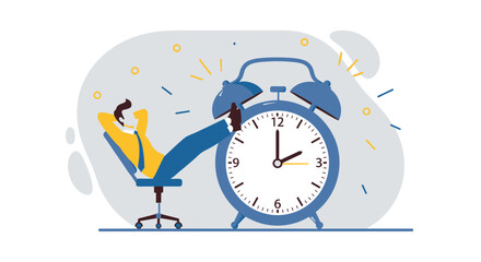 Man relaxing in office chair with feet up near alarm clock symbolizing deadline approaching