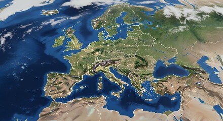 Detailed Satellite Map of Europe with Green Terrain and Blue Water Bodies in Natural Colors