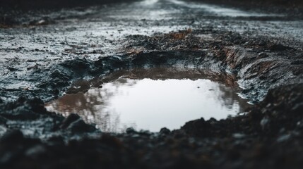 Reflection in a Puddle on a Wet, Muddy Road Surrounded by Nature, Capturing the Serenity and Tranquility of the Outdoors After Rainfall