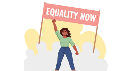 Illustration of a person holding a banner that reads EQUALITY NOW, symbolizing the fight for social justice and human rights