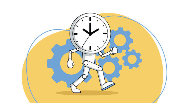 Clock Character Running with Gears Behind It, Representing Time Management and Productivity Concept